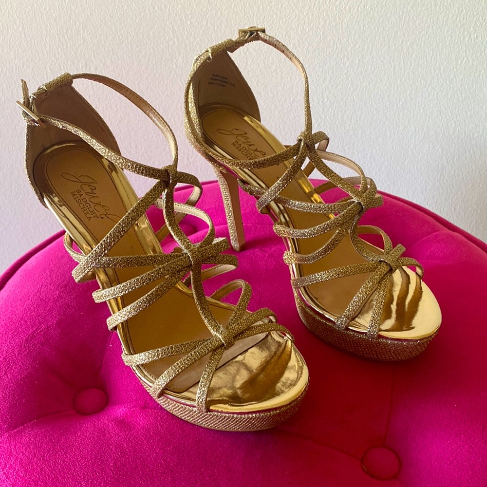 Jewel by Badgley Mishka gold strappy pumps